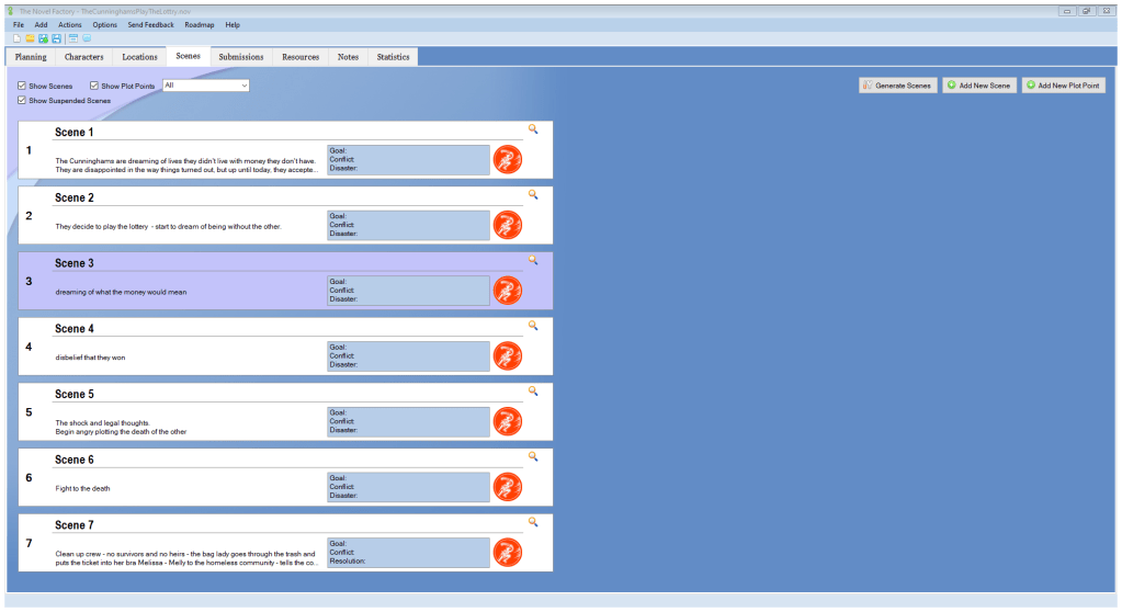 The Novel Factory puts your outline into focus keeping you on track.